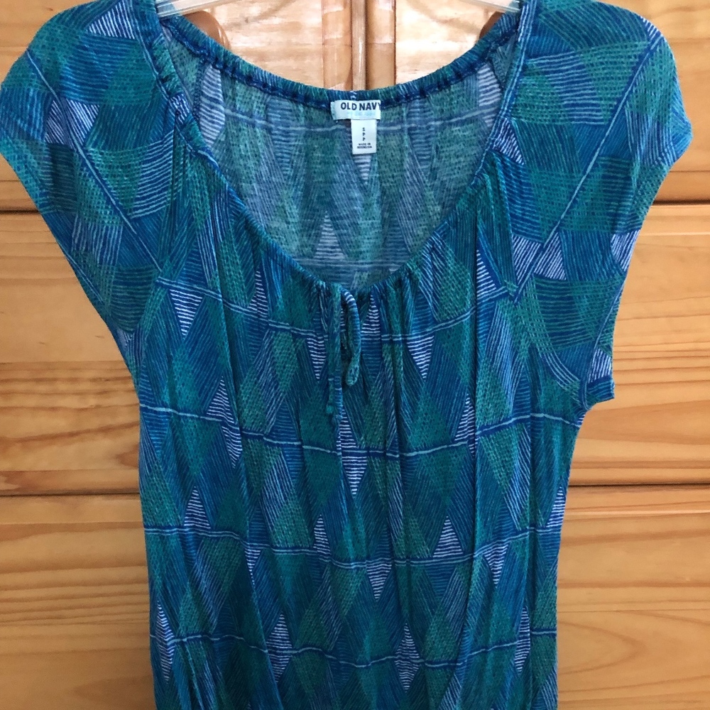 Short Sleeve Blue-Green Print Top